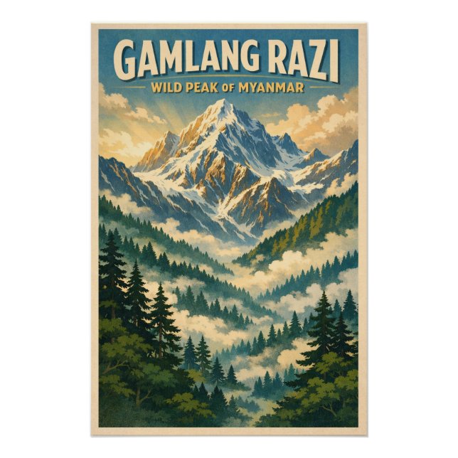 Mount Gamlang Razi, Myanmar retro travel Poster (Vorderseite)