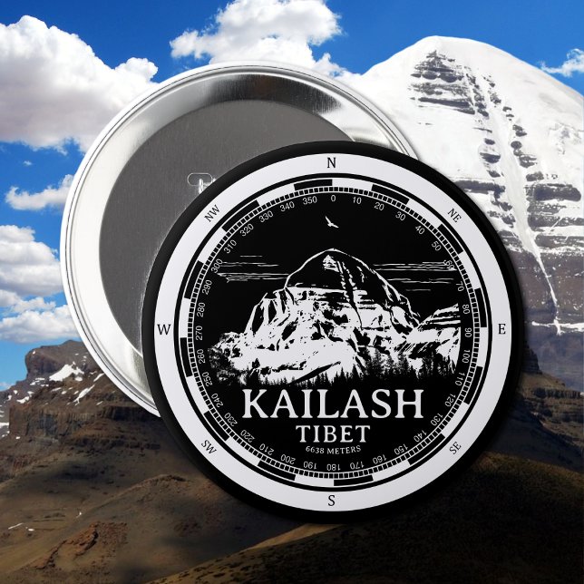 Mount Kailash - Gang Rinpoche Tibet Button (Mount Kailash - Gang Rinpoche Button in Back with a white compass and mountain illustration)