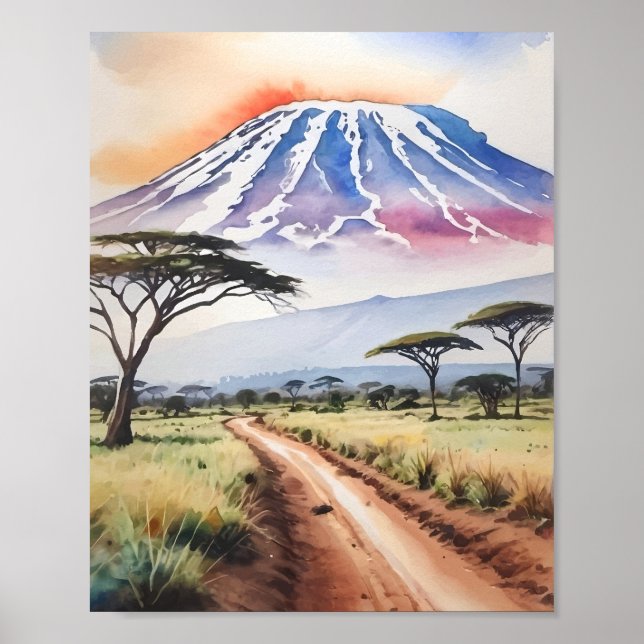 Mount Kilimanjaro Tansania Wasserfarbe Poster (Vorne)
