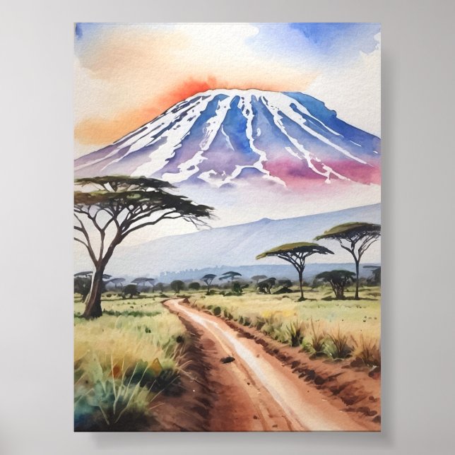 Mount Kilimanjaro Tansania Wasserfarben Kunst, Dic Poster (Vorne)