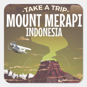 Mount Merapi Indonesien Vintage-Cartoonposter Quadratischer Aufkleber
