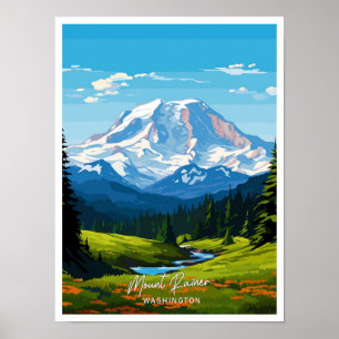Mount Rainer Washington Kunst Reise Illustration Poster