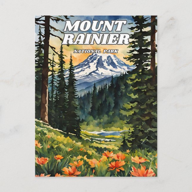 Mount Rainier National Park Illustration Retro Dec Postkarte (Vorderseite)