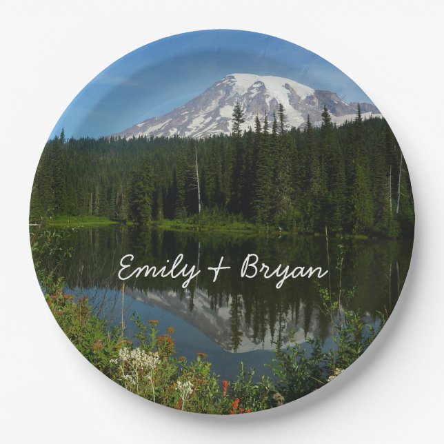 Mount Rainier Seereflektion mit Wildblumen Pappteller (Vorderseite)