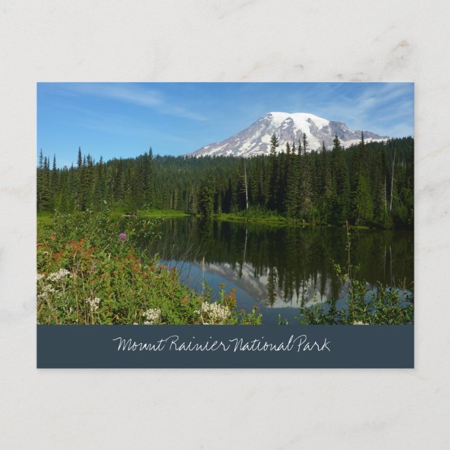 Mount Rainier Seereflektion mit Wildblumen Postkarte (Vorderseite)