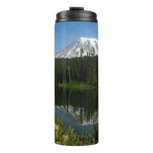 Mount Rainier Seereflektion mit Wildblumen Thermosbecher