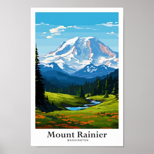 Mount Rainier Washington Travel Illustration Poster (Vorne)