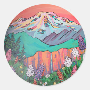 Mount Rainier Wildflower Wasserfall Gemälde Runder Aufkleber