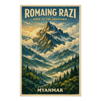 Mount Romaing Razi, Myanmar retro travel Poster