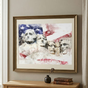 Mount Rushmore Aquarell mit amerikanischer Flagge Fotodruck