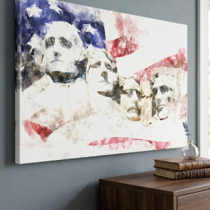 Mount Rushmore Aquarell mit amerikanischer Flagge Leinwanddruck