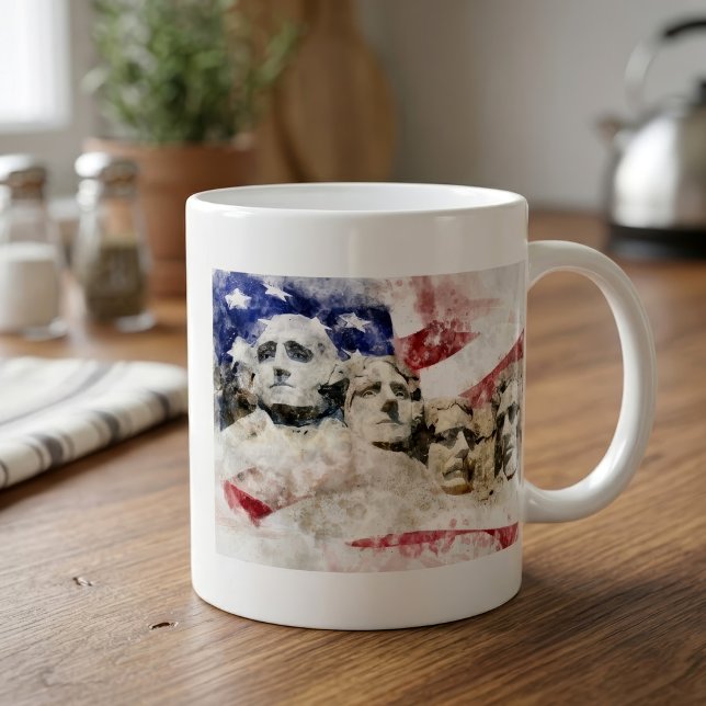 Mount Rushmore mit amerikanischer Flagge schwänzt Kaffeetasse (Mount Rushmore Watercolor with American Flag. Coffee Mug)