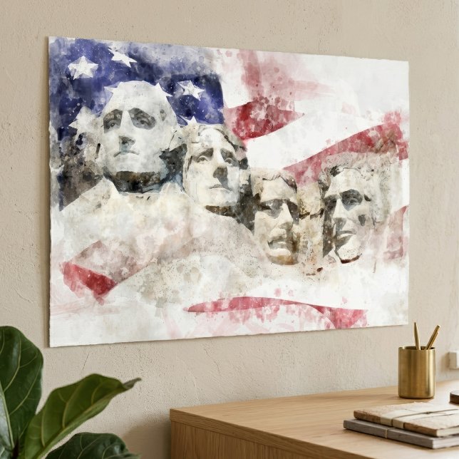 Mount Rushmore mit amerikanischer Flagge schwänzt Poster (Mount Rushmore Watercolor with American Flag. Poster)
