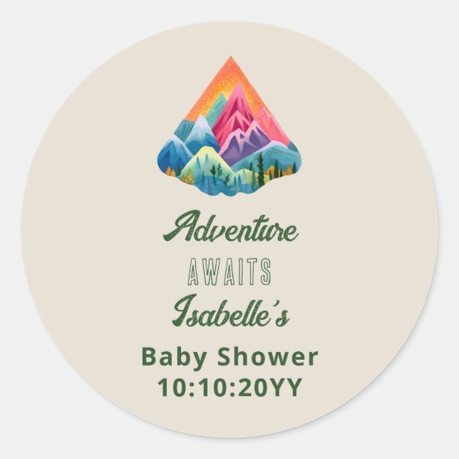 Mountain Adventure erwartet Baby Shower Runder Aufkleber (Vorderseite)