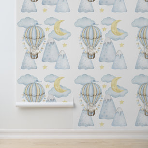 Mountain Blue Hot Air Ballon Bunny Moon Wolken Tapete