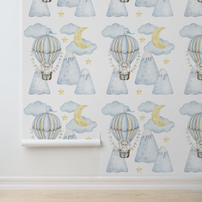 Mountain Blue Hot Air Ballon Bunny Moon Wolken Tapete (Anwendung)