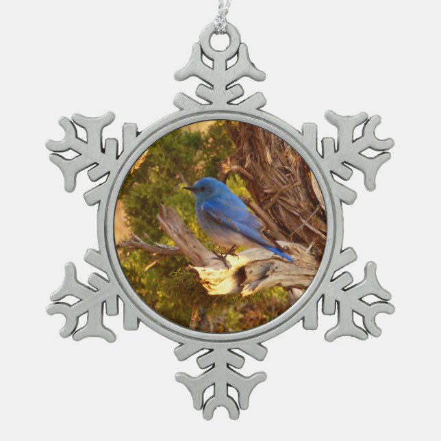 Mountain Bluebird im Nationalpark Arches Schneeflocken Zinn-Ornament (Vorderseite)
