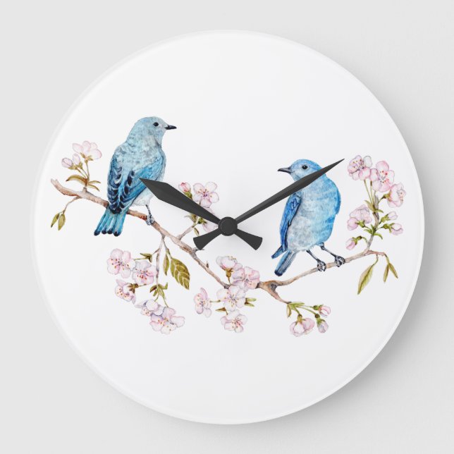 Mountain Bluebirds auf der Zweigstelle Sakura Große Wanduhr (Vorderseite)