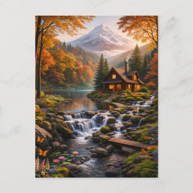 Mountain Cabin in Autumn Glow Serene Nature  Postkarte (Vorderseite)