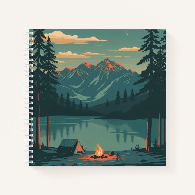 Mountain Campfire Lake Notebook with Evening Fores Notizbuch (Vorderseite)