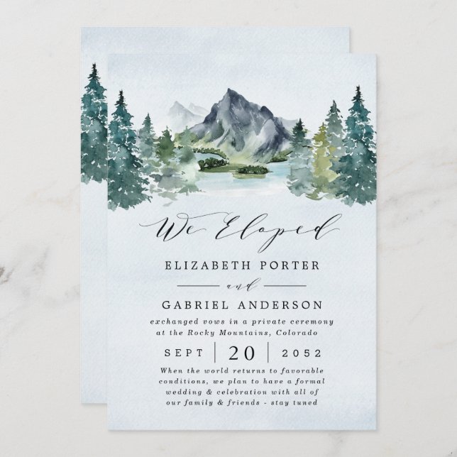 Mountain Evergreen Rustic Trees Wedding Elopement Einladung (Vorne/Hinten)