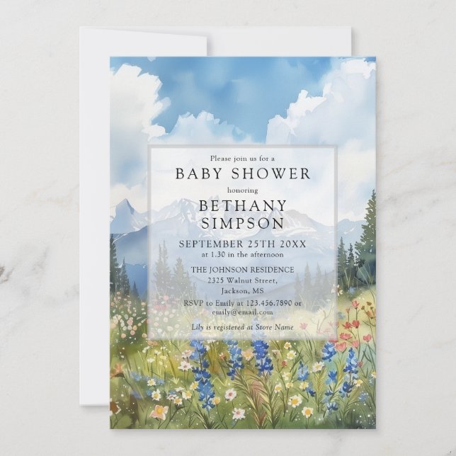 Mountain Floral Meadow Photo QR Code Baby Shower Einladung (Vorderseite)