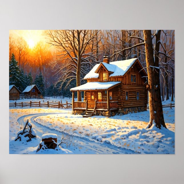 Mountain Forest Cabin Art Poster (Vorne)