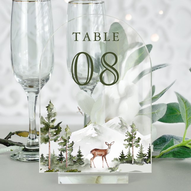 Mountain Forest Deer Wedding Acrylic Table Number Acryleinladungen (Von Creator hochgeladen)