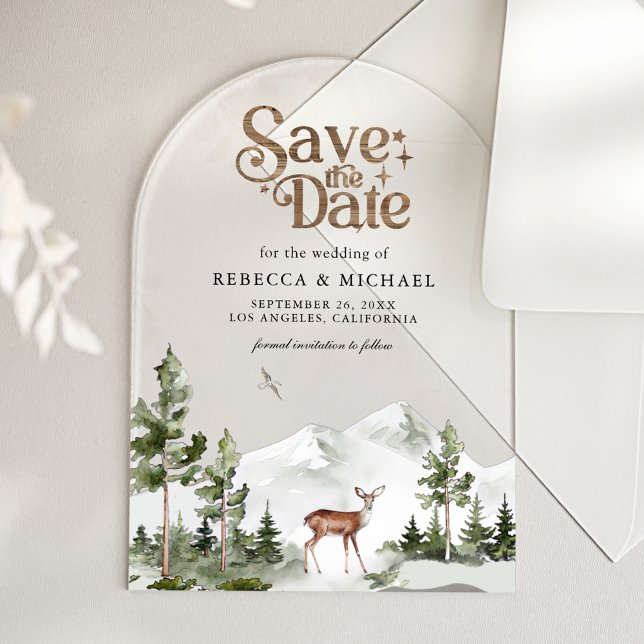 Mountain Forest Deer Wedding Save the Date Acryleinladungen (Von Creator hochgeladen)