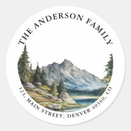 Mountain forest lakeside return address label runder aufkleber