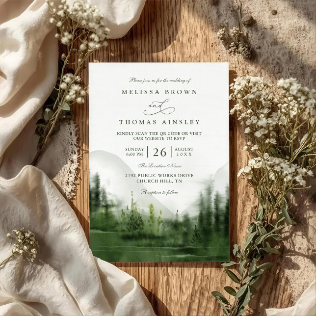 Mountain Forest Trees Rustic QR Code Wedding Einladung (Von Creator hochgeladen)