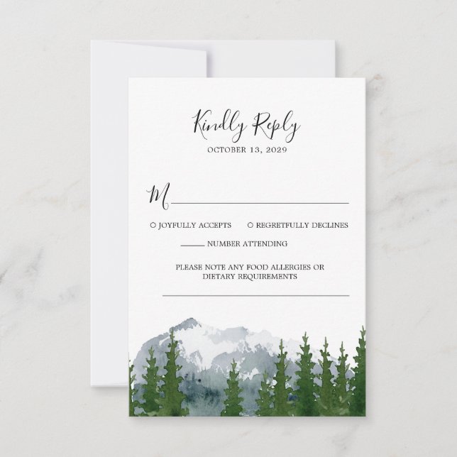 Mountain Forest Watercolor Wedding RSVP QR Code Karte (Vorderseite)