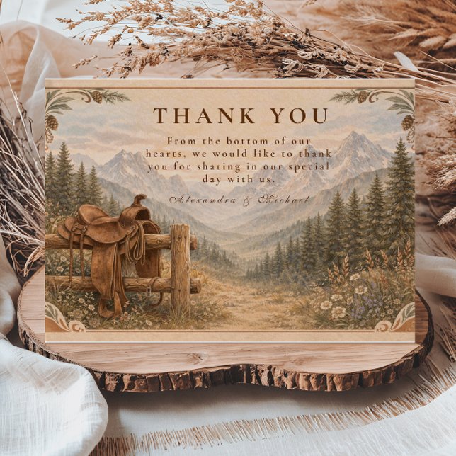 Mountain Forest Western Saddle Wedding Dankeskarte (Von Creator hochgeladen)