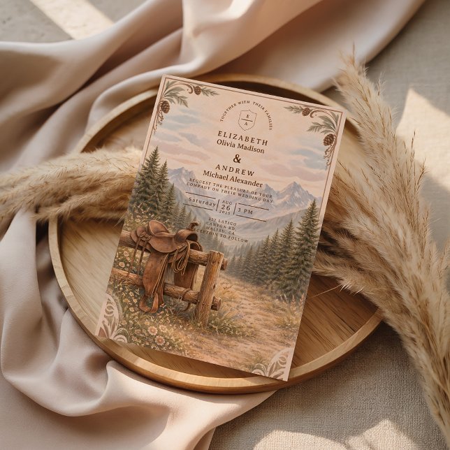 Mountain Forest Western Saddle Wedding Einladung (Von Creator hochgeladen)
