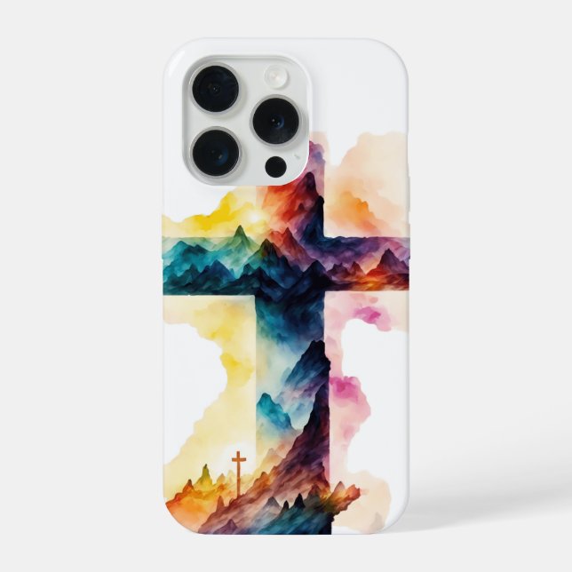 Mountain Grace – Wasserfarbenkreuz iPhone Hülle (Rückseite)