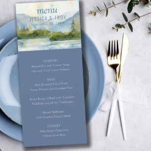Mountain Lake Aquarell Staubblau Hochzeit Menükarte