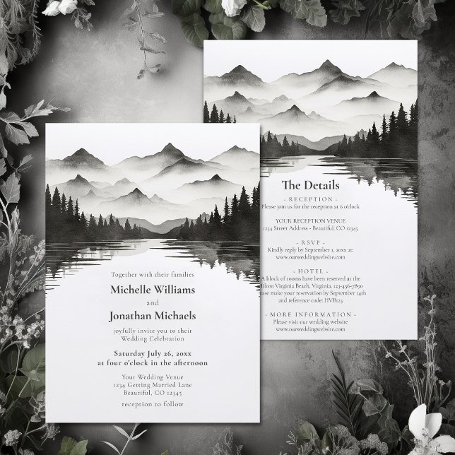 Mountain Lake Black and White All in One Wedding Einladung (Mountain Lake Black and White All in One Wedding Invitation)