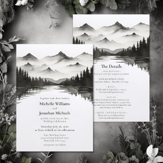 Mountain Lake Black and White All in One Wedding Einladung