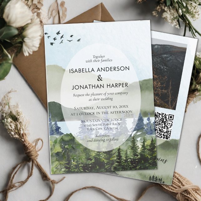 Mountain Lake Forest Foto QR Code Außenhochzeit Einladung (Von Creator hochgeladen)