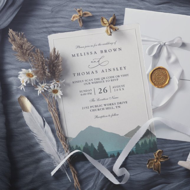 Mountain Lake Forest Trees Pine QR Code Wedding Einladung (Von Creator hochgeladen)