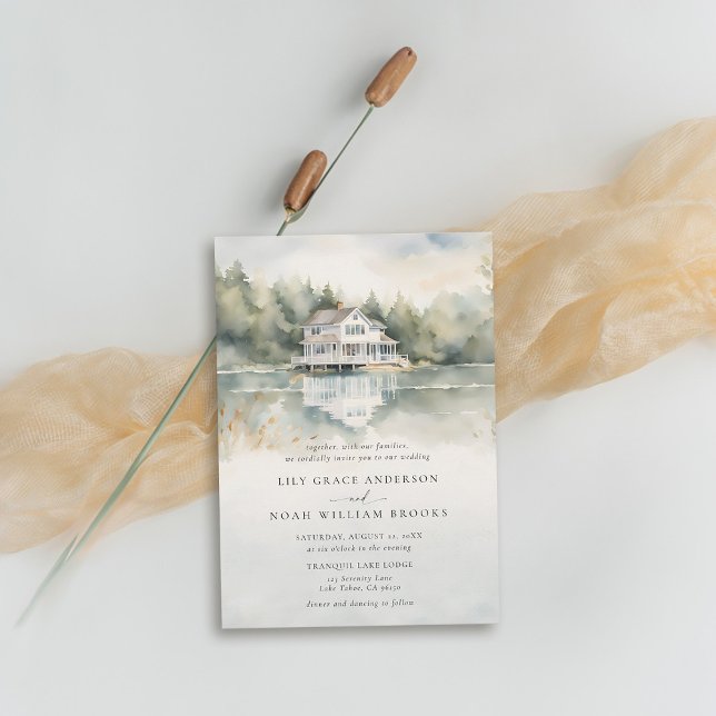 Mountain Lake House Landschaftliche Aussicht Roman Einladung (mountains lake house wedding invitation rustic outdoors river watercolor scene modern classy)