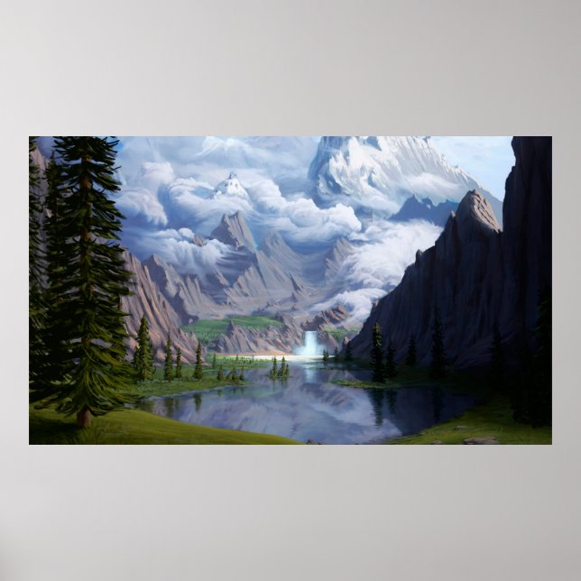 Mountain Lake Wasserfall digitale Kunst 3D Illustr Poster (Vorne)