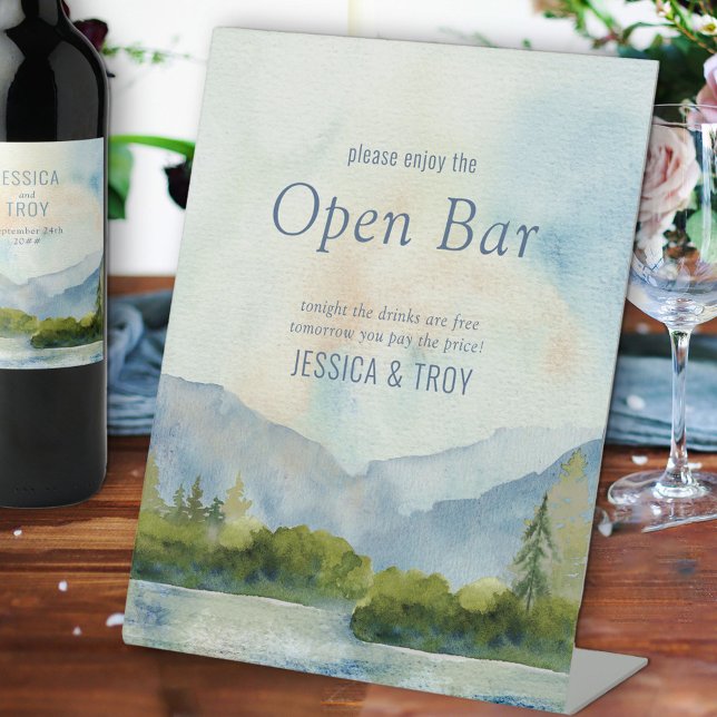 Mountain Lake Watercolor Hochzeit Open Bar Sockelschild (Von Creator hochgeladen)