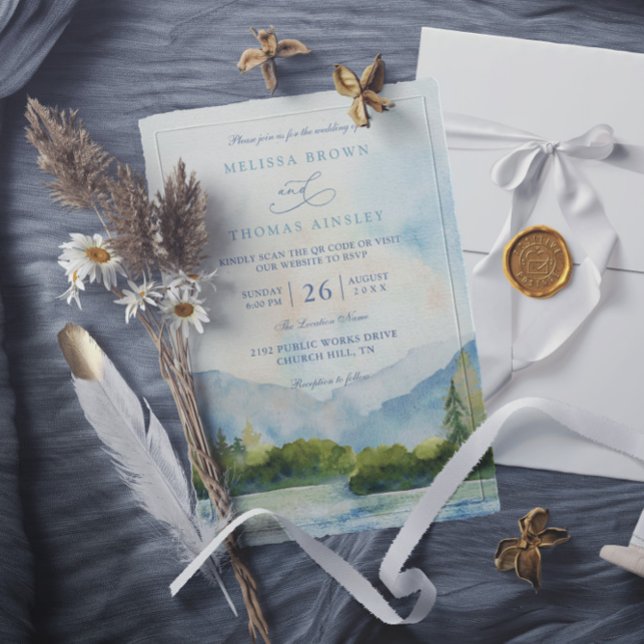 Mountain Lake Watercolor Pine Tree QR Code Wedding Einladung (Von Creator hochgeladen)