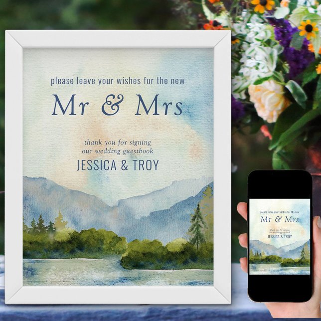 Mountain Lake Watercolor Wedding Guest Book Sign Poster (Von Creator hochgeladen)