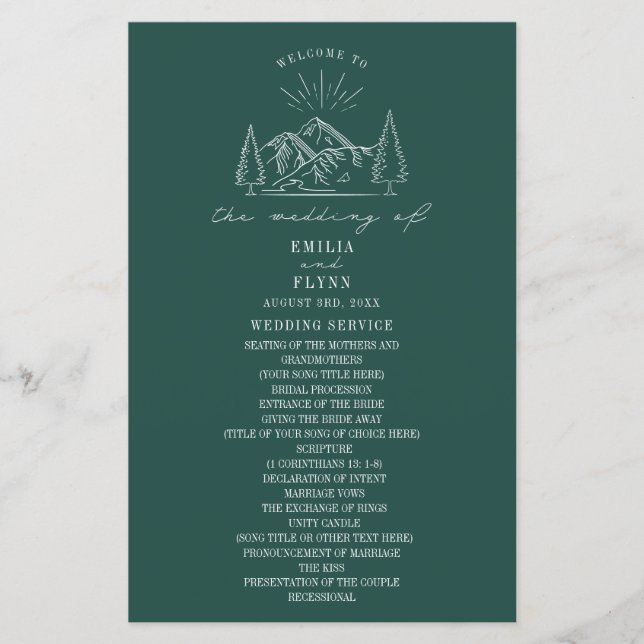 Mountain Line Art Emerald Wedding Programm (Vorderseite)