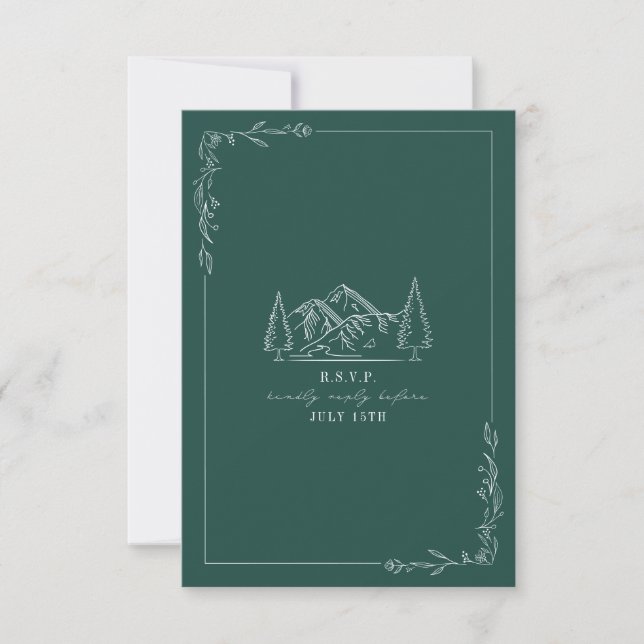 Mountain Line Art Emerald Wedding RSVP Card (Vorderseite)