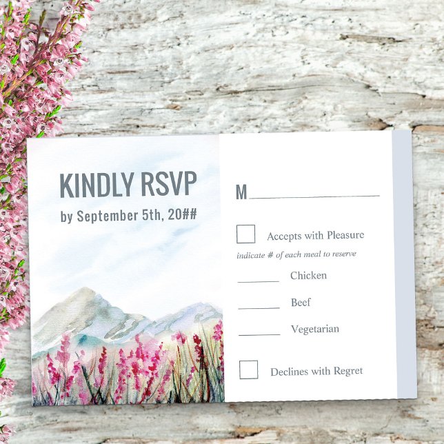Mountain Meadow Watercolor Dusty Blue Meal Option RSVP Karte (RSVP with watercolor Mountain Meadow wedding landscape and choice of entree dishes)