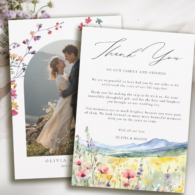 Mountain Meadow Wildflowers Modern Boho Wedding Dankeskarte (mountain wedding thank you boho arch photo wildflowers meadow floral watercolor modern calligraphy )