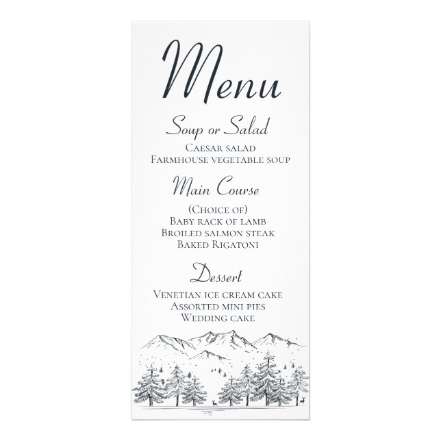 Mountain Menu Rustikale Hochzeit Land Winter Werbekarte (Vorne)